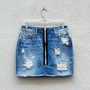 NWT Good American Distressed Blue Denim Zip Up Mini Skirt Size 0